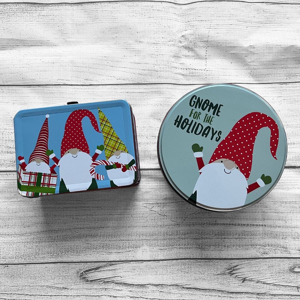 CHRISTMAS GNOME Mini Lunchbox & Round Cookie Tin Set NWOT